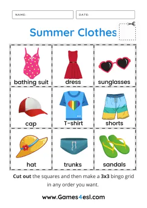 Summer Clothes Bingo Worksheet