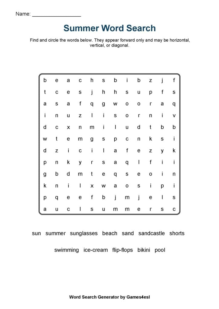 A Summer Vocabulary Word Search