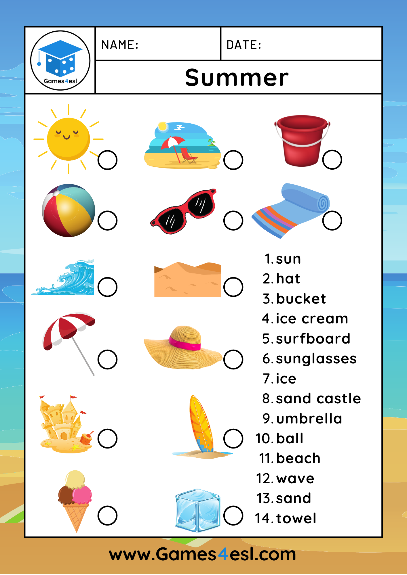 Summer Flashcards: Kindergarten - Summertime and holiday activities