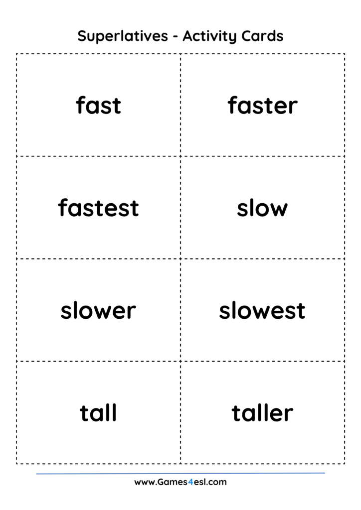 Printable activity cards for practicing superlative adjectives.