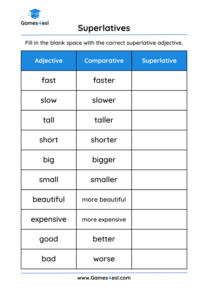 A Worksheet to practice writing superlative adjectives