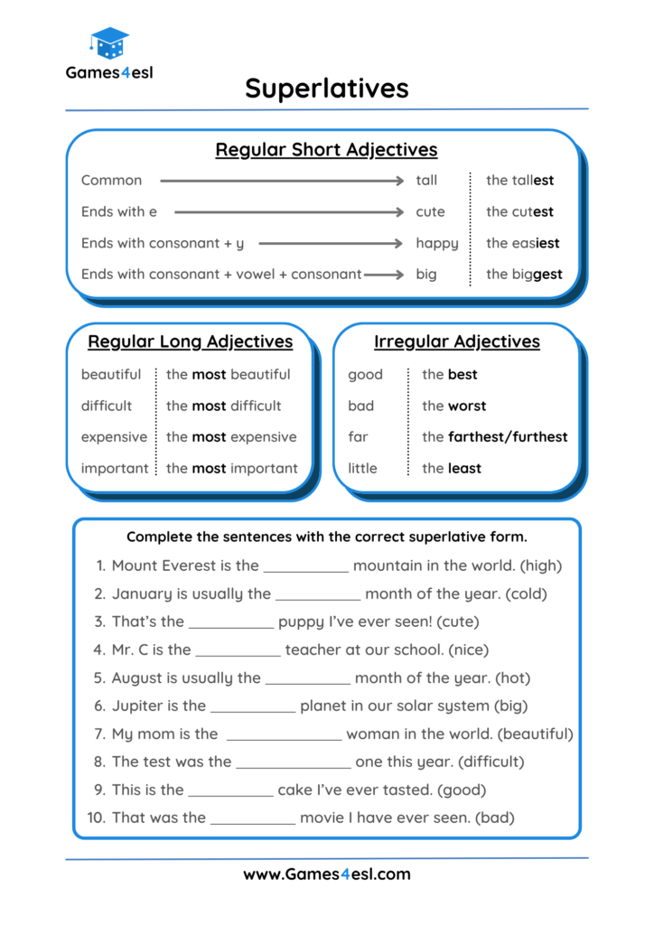A superlative worksheet that shows the rules on how to form superlative adjectives.