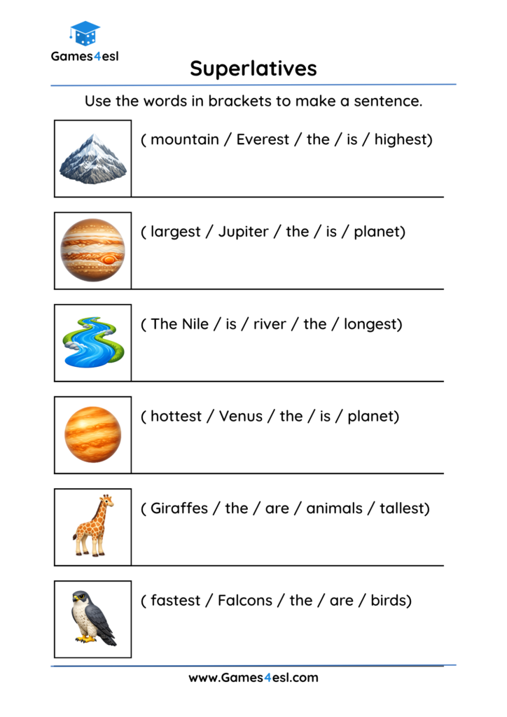 A worksheet for practicing making sentences using superlative adjectives.
