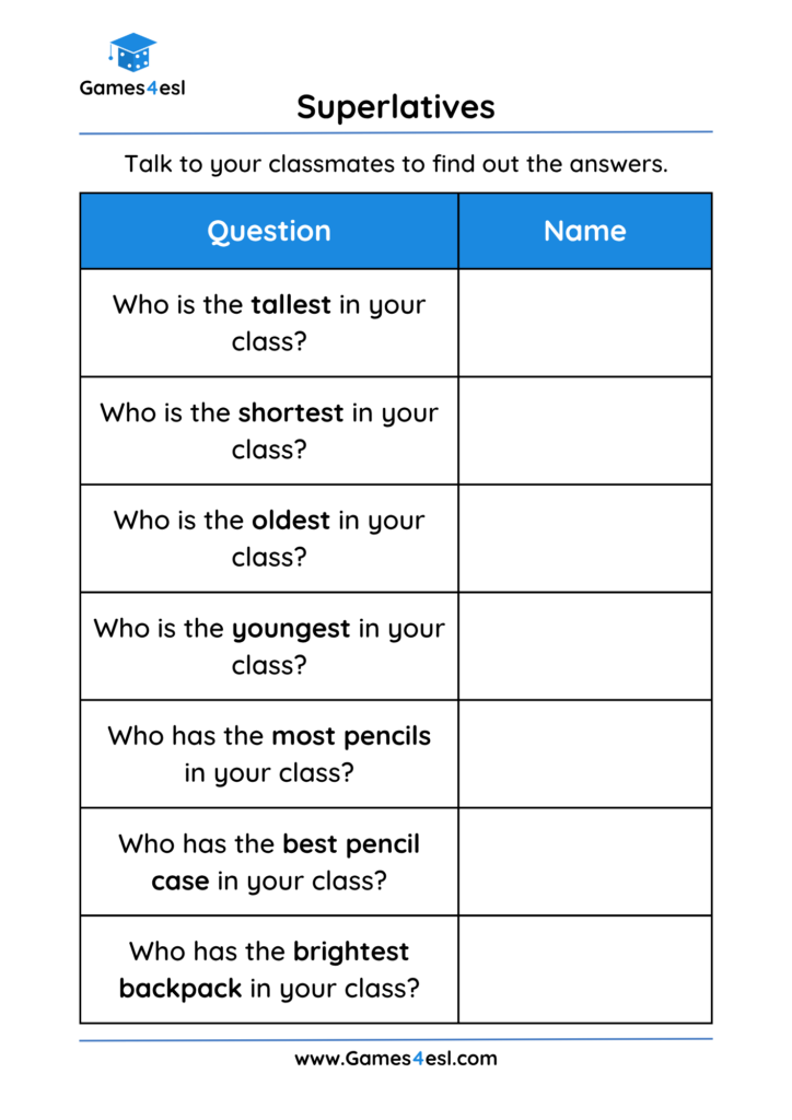 A superlative adjective speaking activity worksheet
