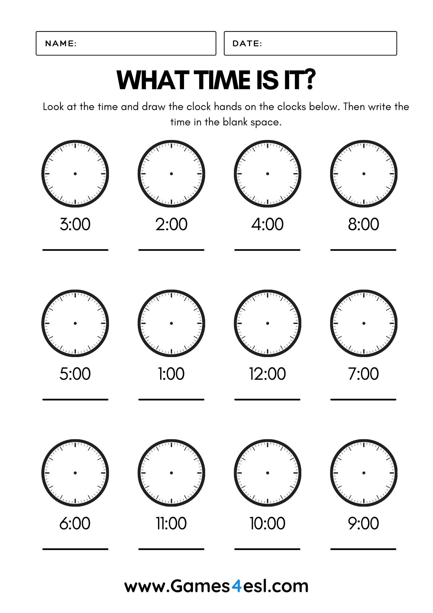 Telling The Time Worksheets | Games4Esl