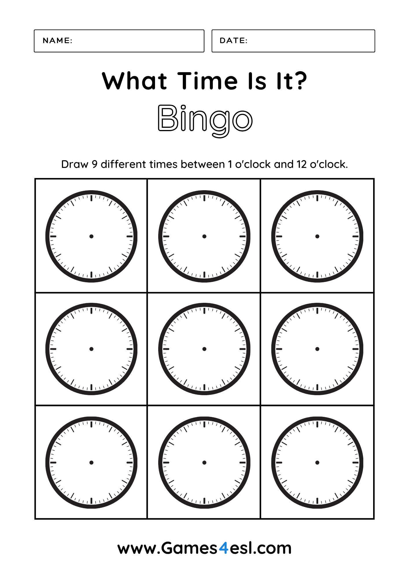 Time bingo activity – students draw times on nine blank clocks and play by asking and answering ‘What time is it?’