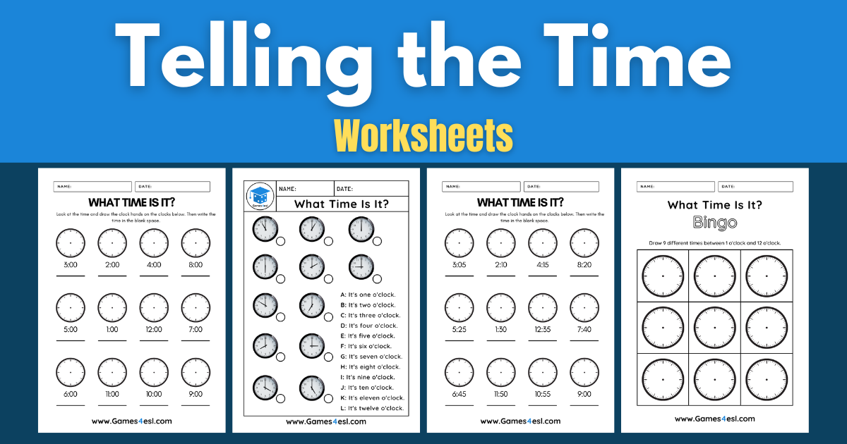 A preview of telling the time worksheets.