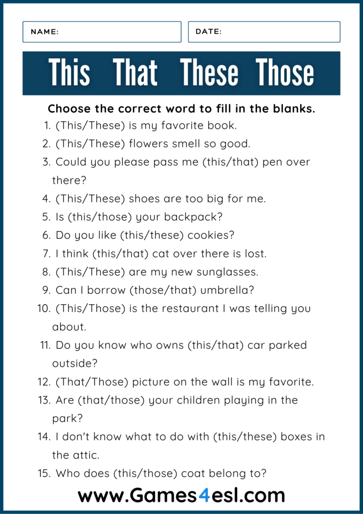 This That These Those Exercise Worksheet