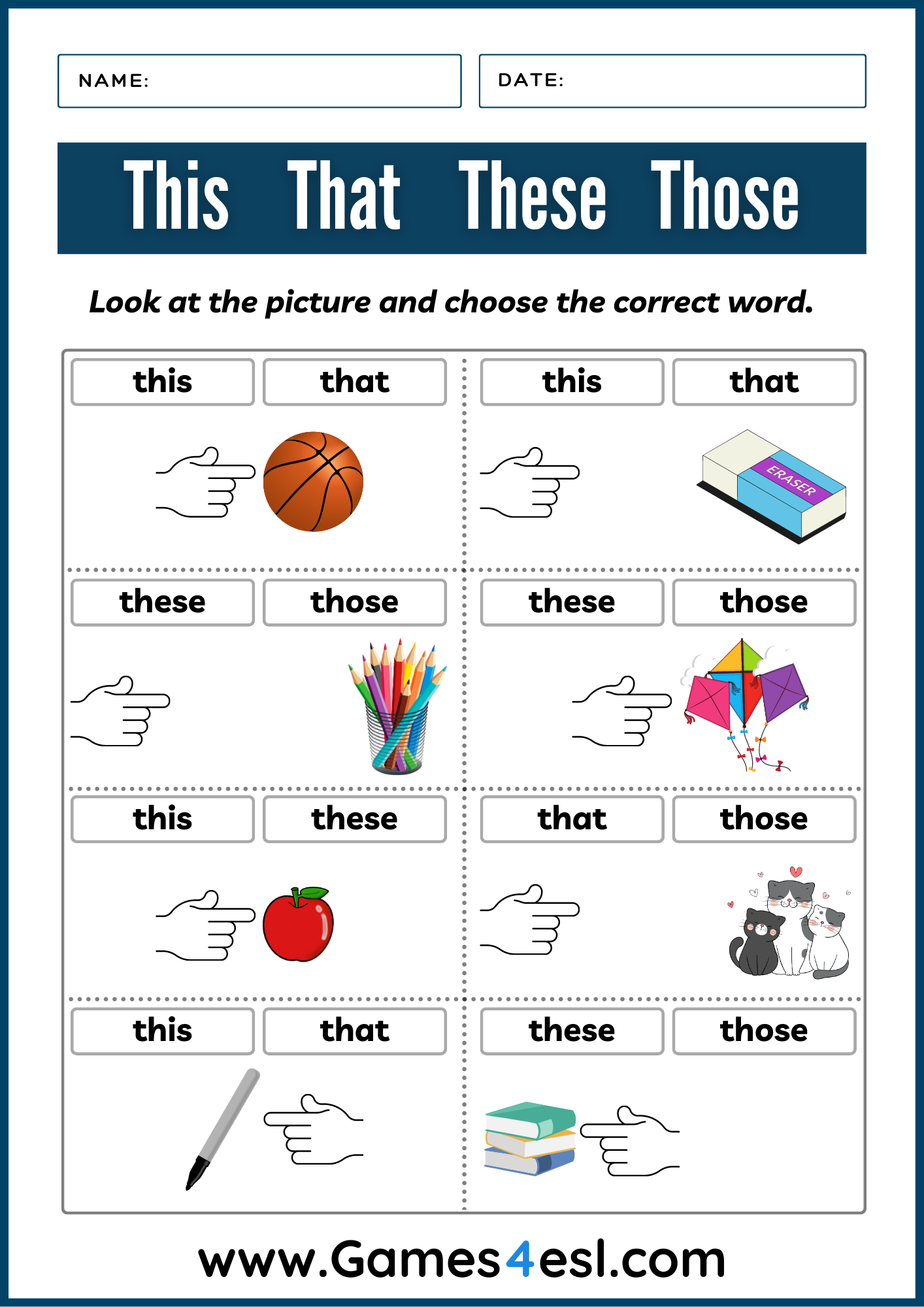 This That These Those Worksheets | Printable Demonstrative Pronoun  Exercises | Games4esl