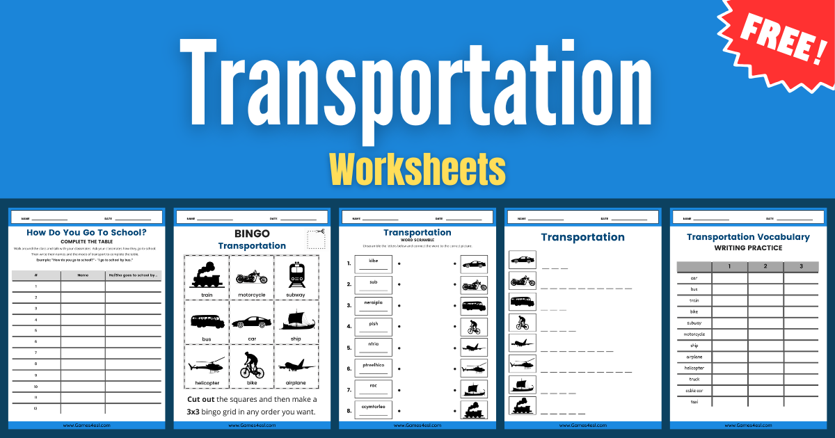 Preview of free printable transportation worksheets for ESL students to learn modes of transport like bus, car, train, and airplane.