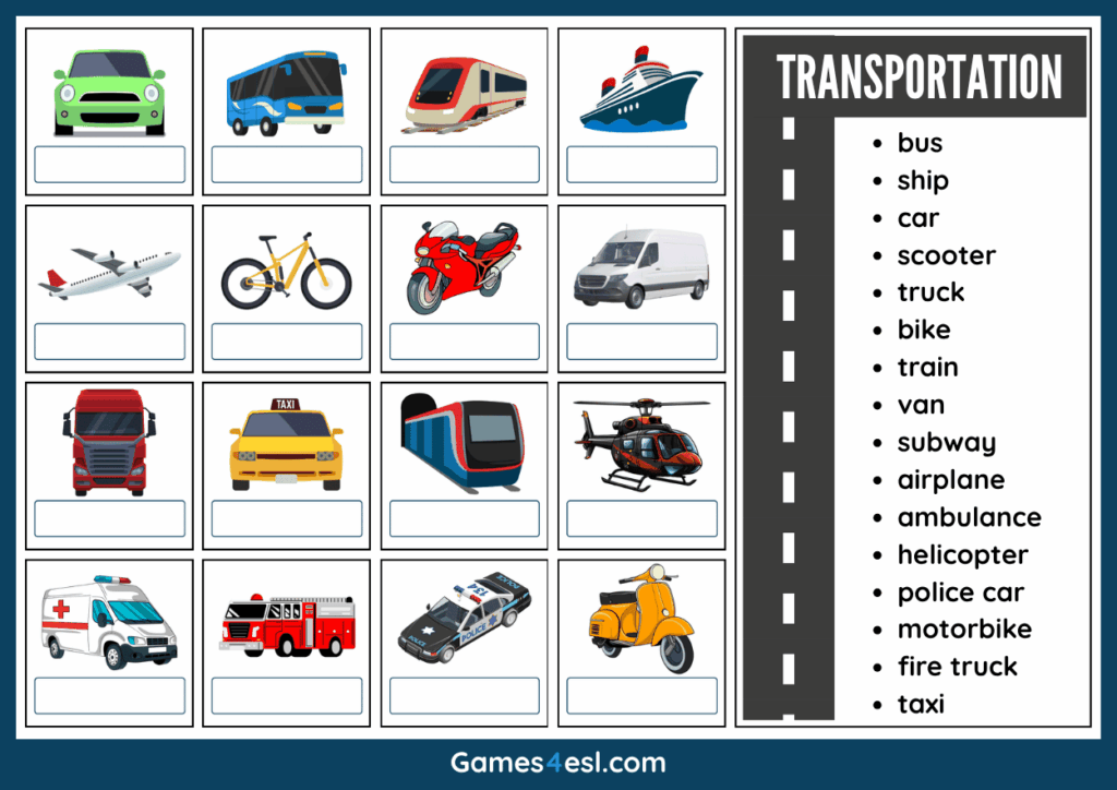 A printable transportation vocabulary exercise pdf.