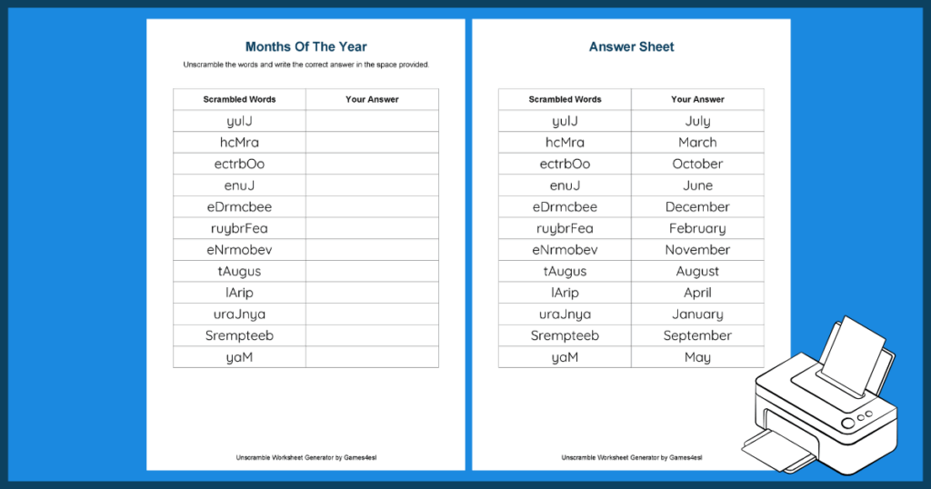 Example worksheets from a Unscramble Worksheet Generator