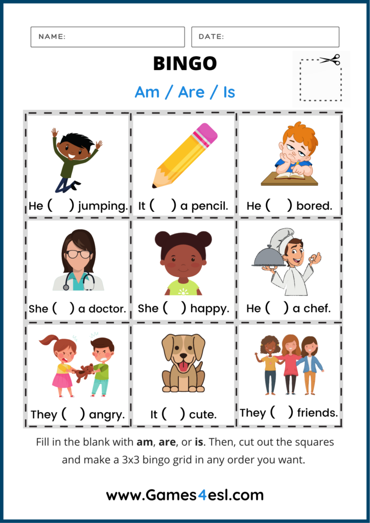 A verb to be bingo worksheet for kids.