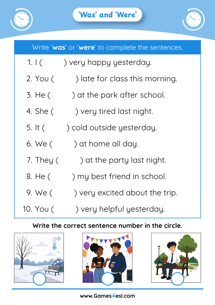 A fill in the blanks worksheet to practice was and were.
