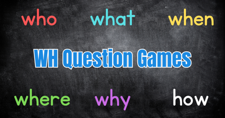 The 6 Wh Questions written on a black board with the title 'Wh Question Games'