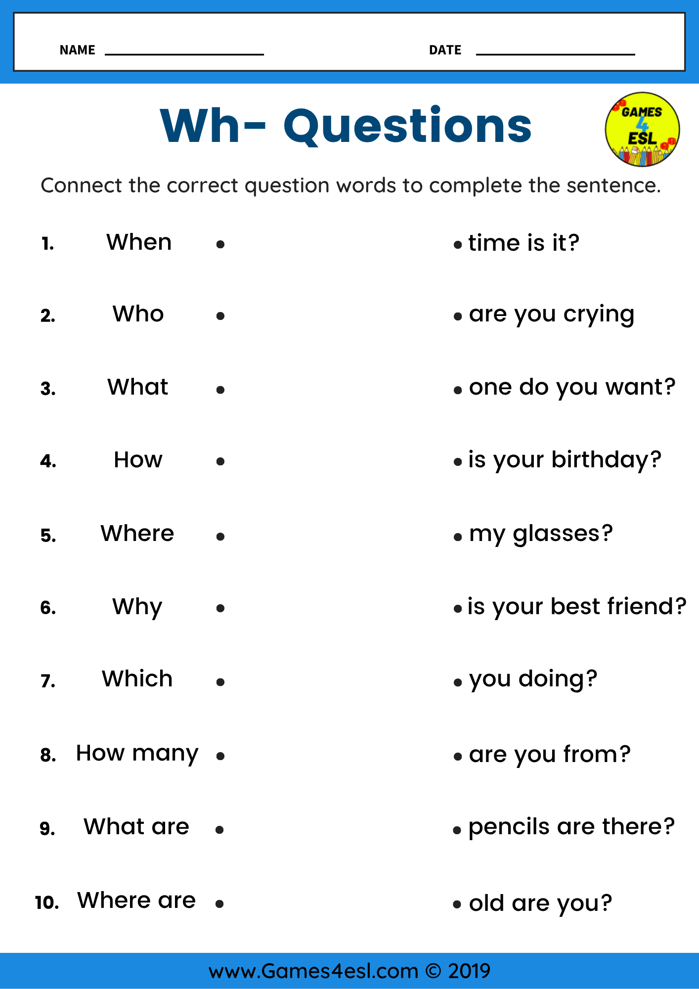 Wh Questions Worksheets - Practice Who, What, When, Where, Why, Which, And  How | Games4esl, image size:1414x2000