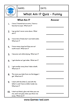 What Am I Quizzes 40 What Am I Quiz Questions With Answers Games4esl