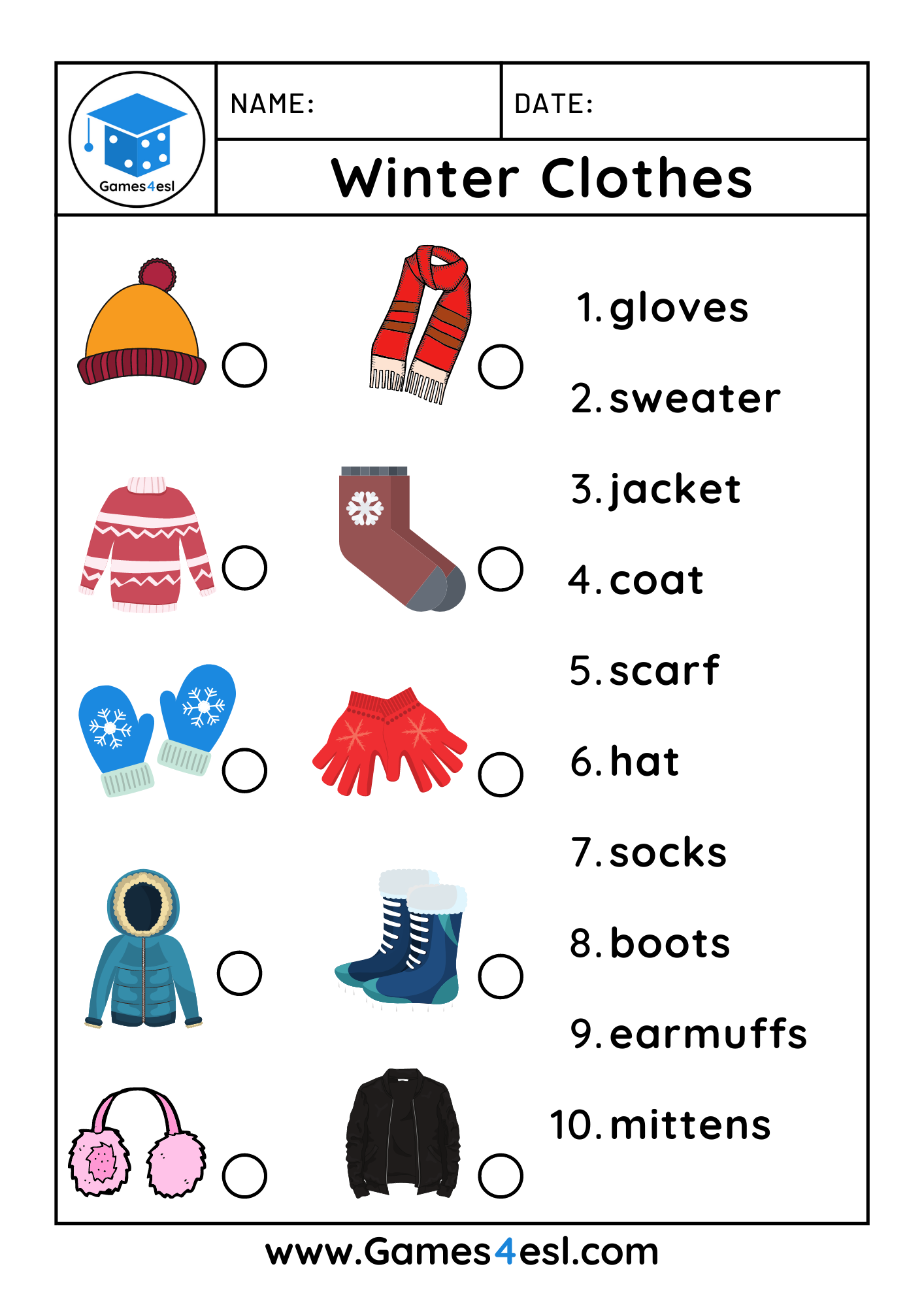 winter clothes worksheets games4esl