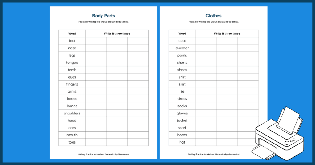 Example worksheets from a writing practice Worksheet Generator