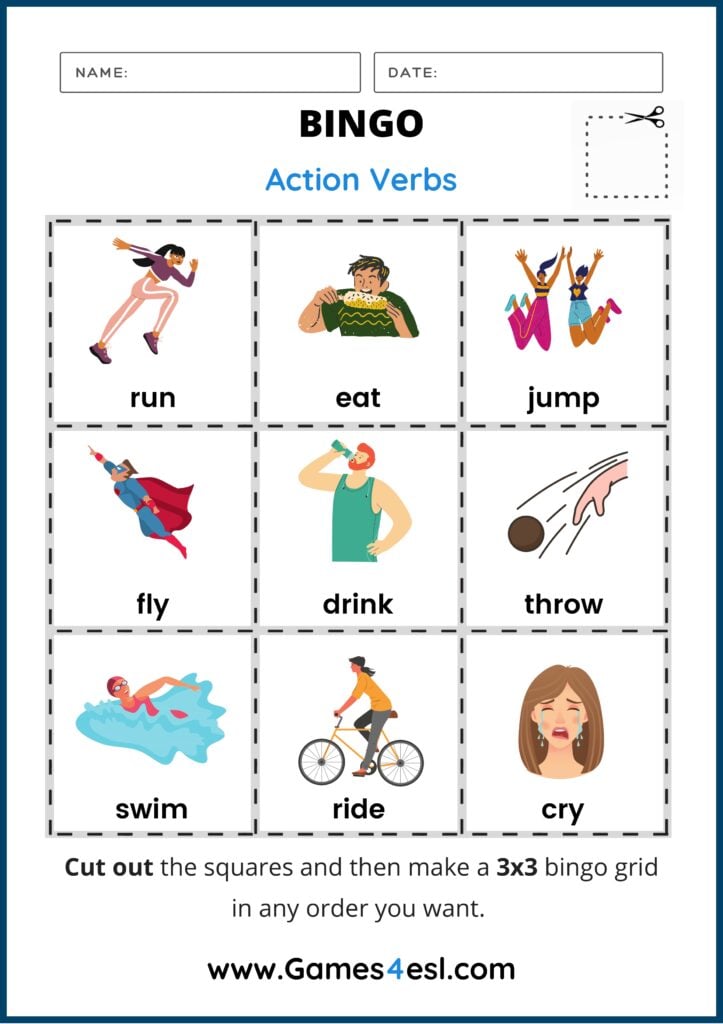 An action verbs bingo worksheet.