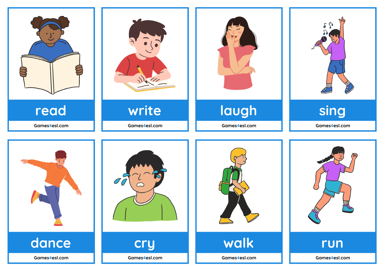 Printable action verb flashcards for ESL kids