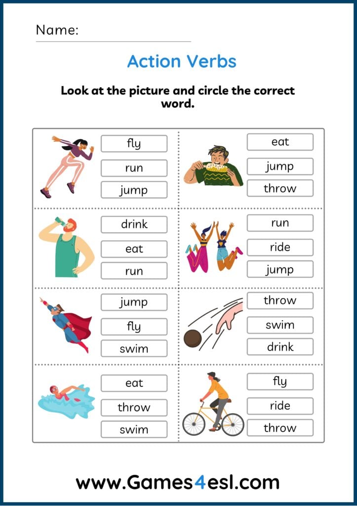 An action verbs worksheet in which students match the images to the words.