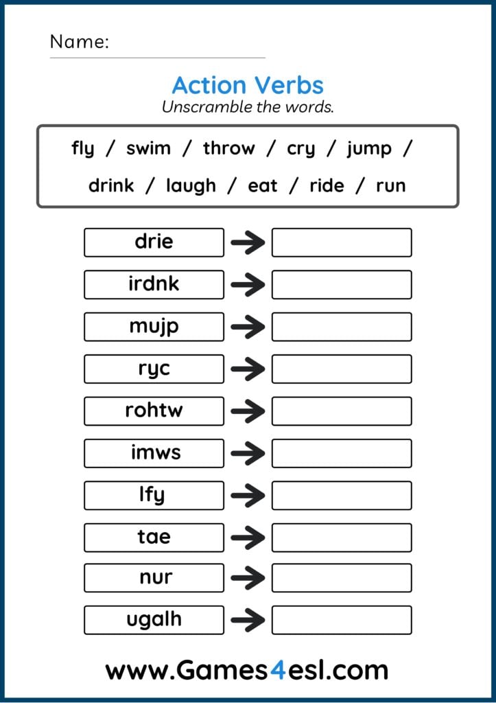 An action verbs worksheet to practice spelling.