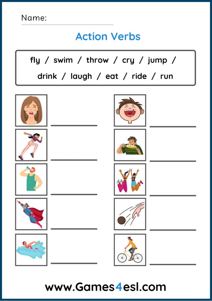 An action verbs worksheet in which students write the verb next to the pictures.