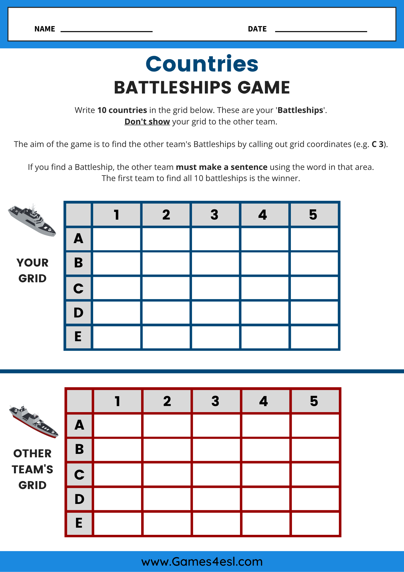 Printable ESL worksheet for a battleships-style game using country and nationality vocabulary.
