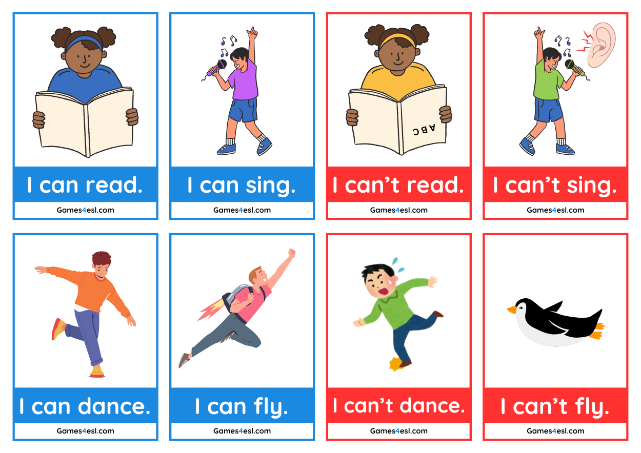 A set of 8 can/can't flashcards for teaching ability to kids.