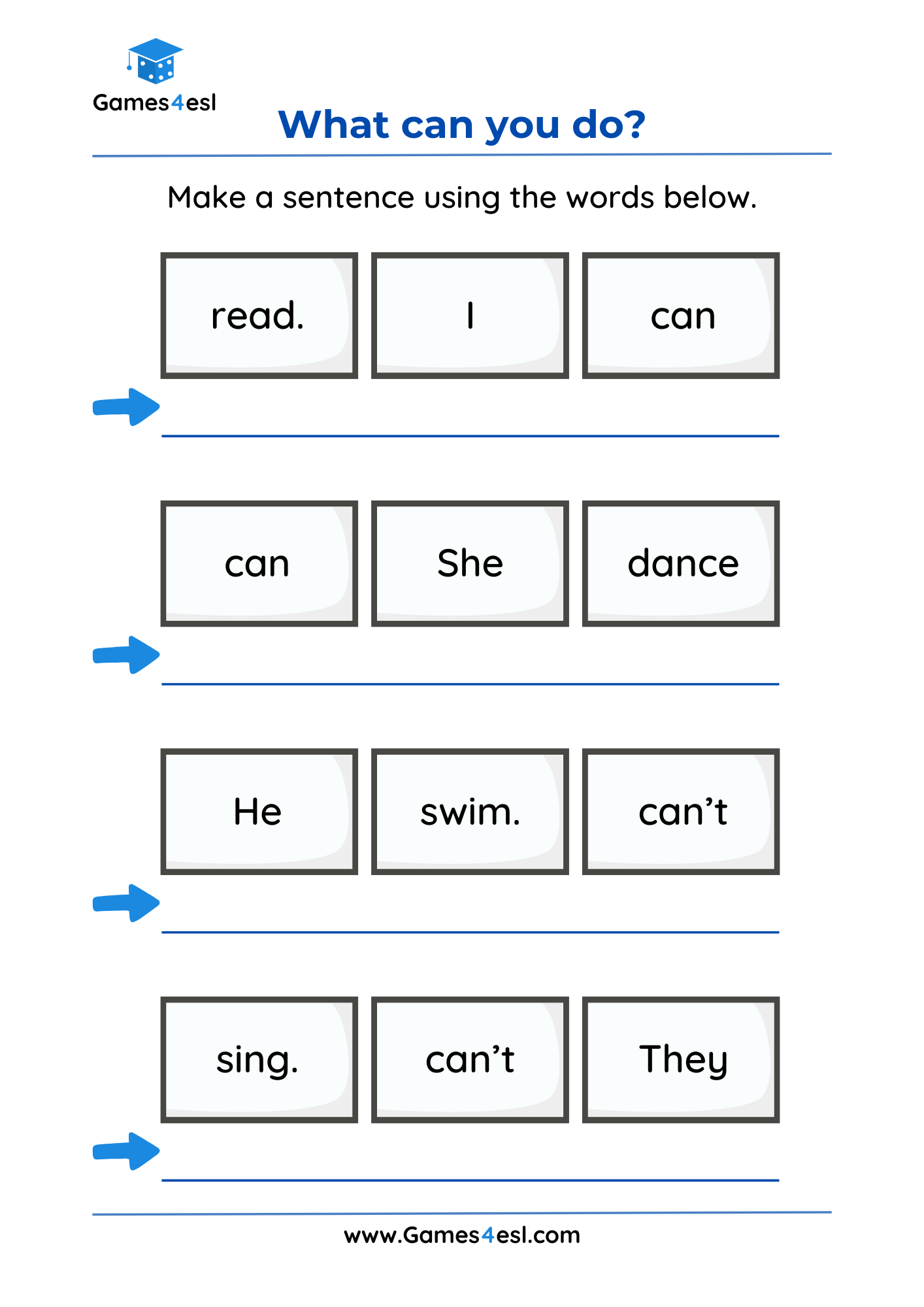 A writing worksheet to practice sentences with can and can't.