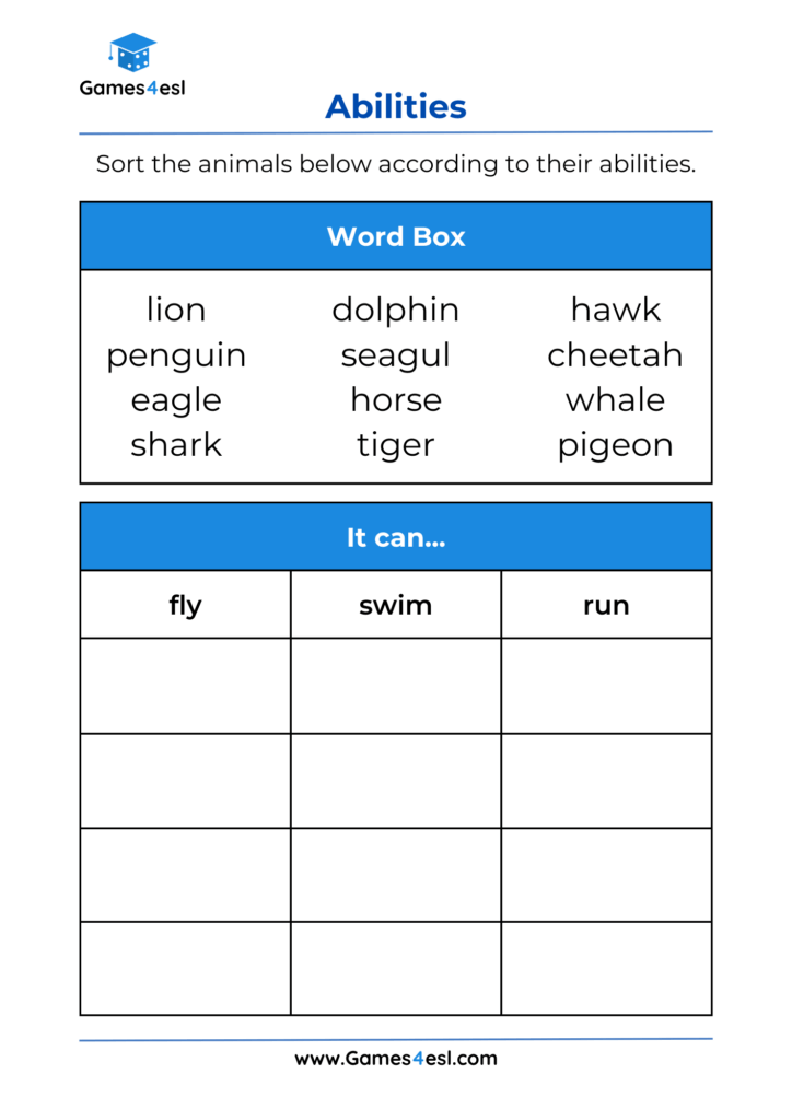 A can/can't worksheet in which students sort animals according to their ability.