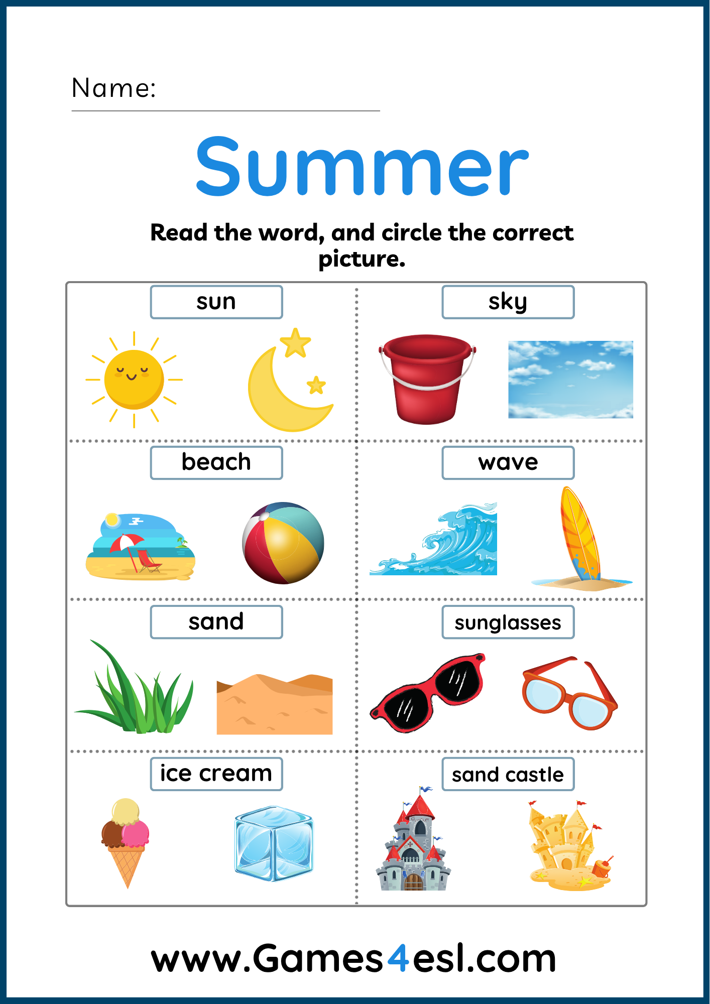 Summer vocabulary worksheet with eight words and pictures.