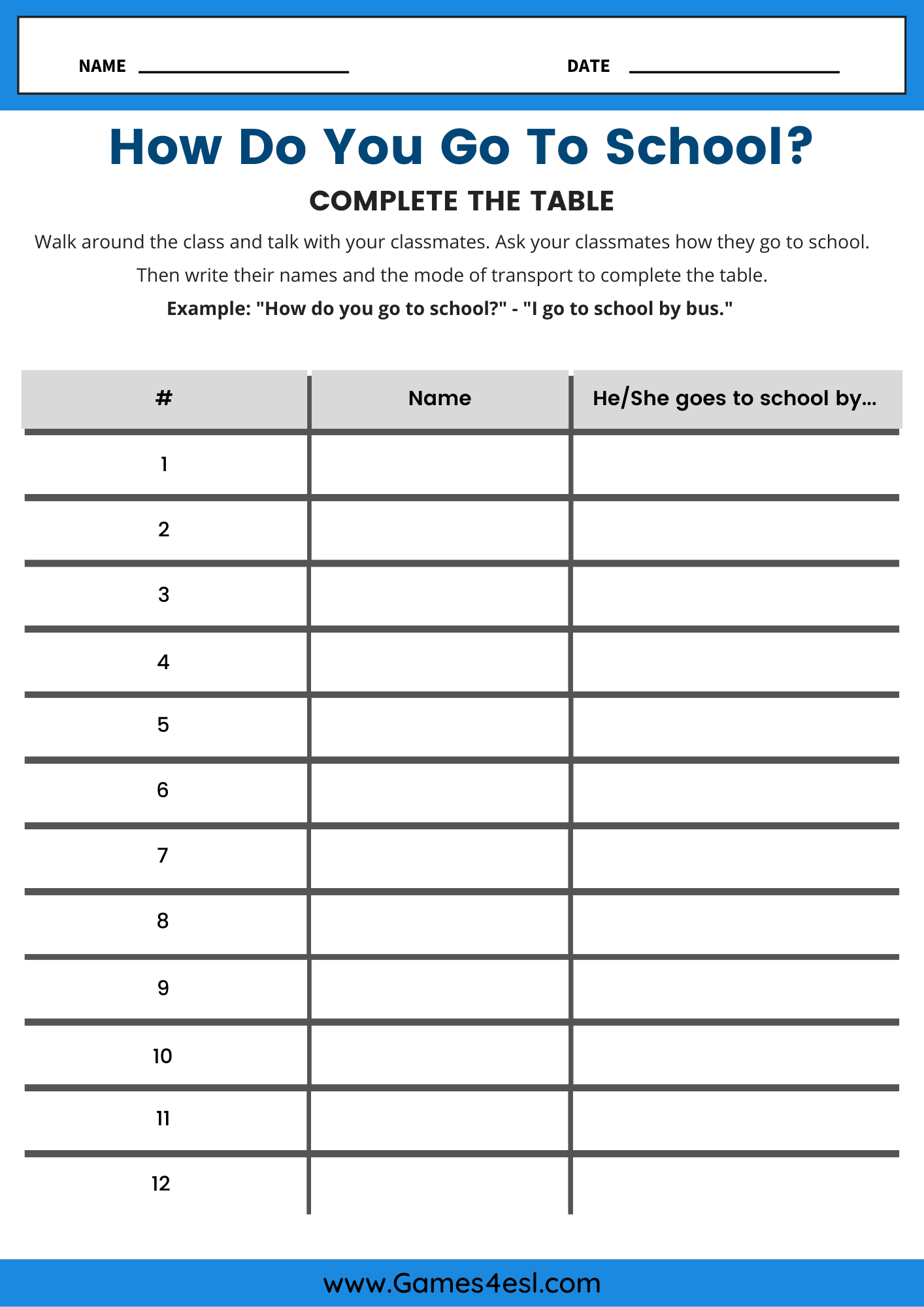 ESL class survey worksheet where students ask โHow do you go to school?โ and record names and modes of transport.