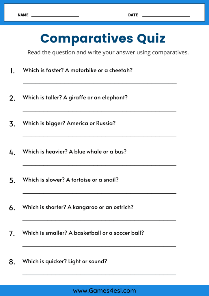 Printable ESL worksheet quiz where students answer questions using comparative adjective sentences.