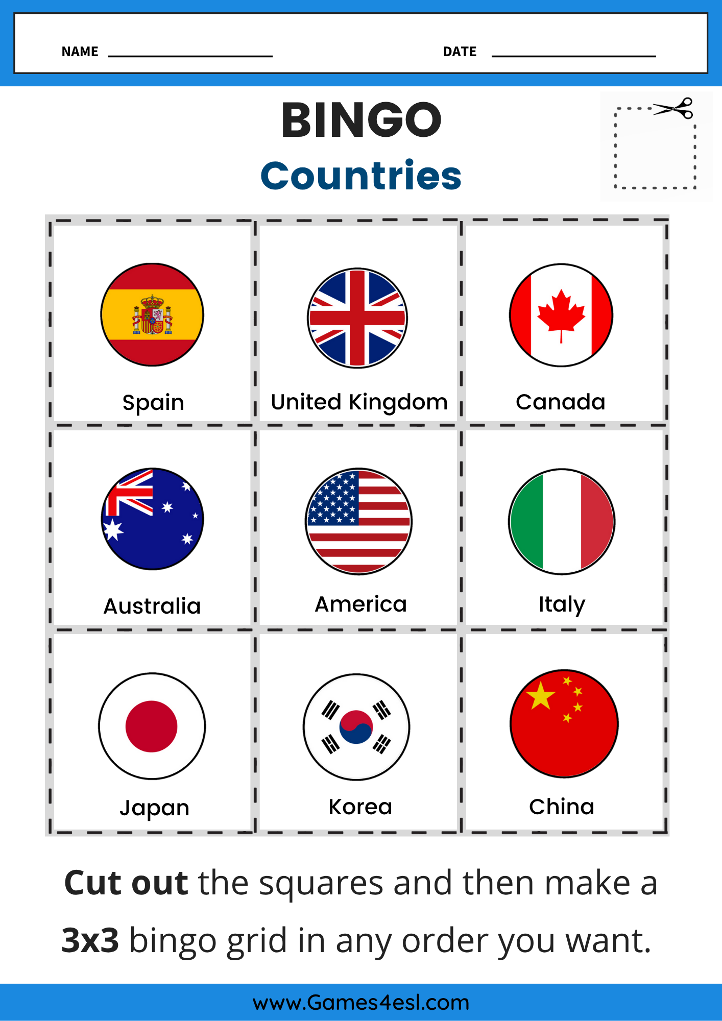 Printable ESL worksheet for a 3×3 bingo game with country flags for English lessons.