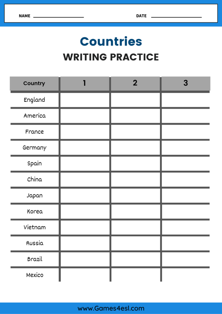 Printable ESL worksheet for copying country names three times to practice spelling and handwriting.