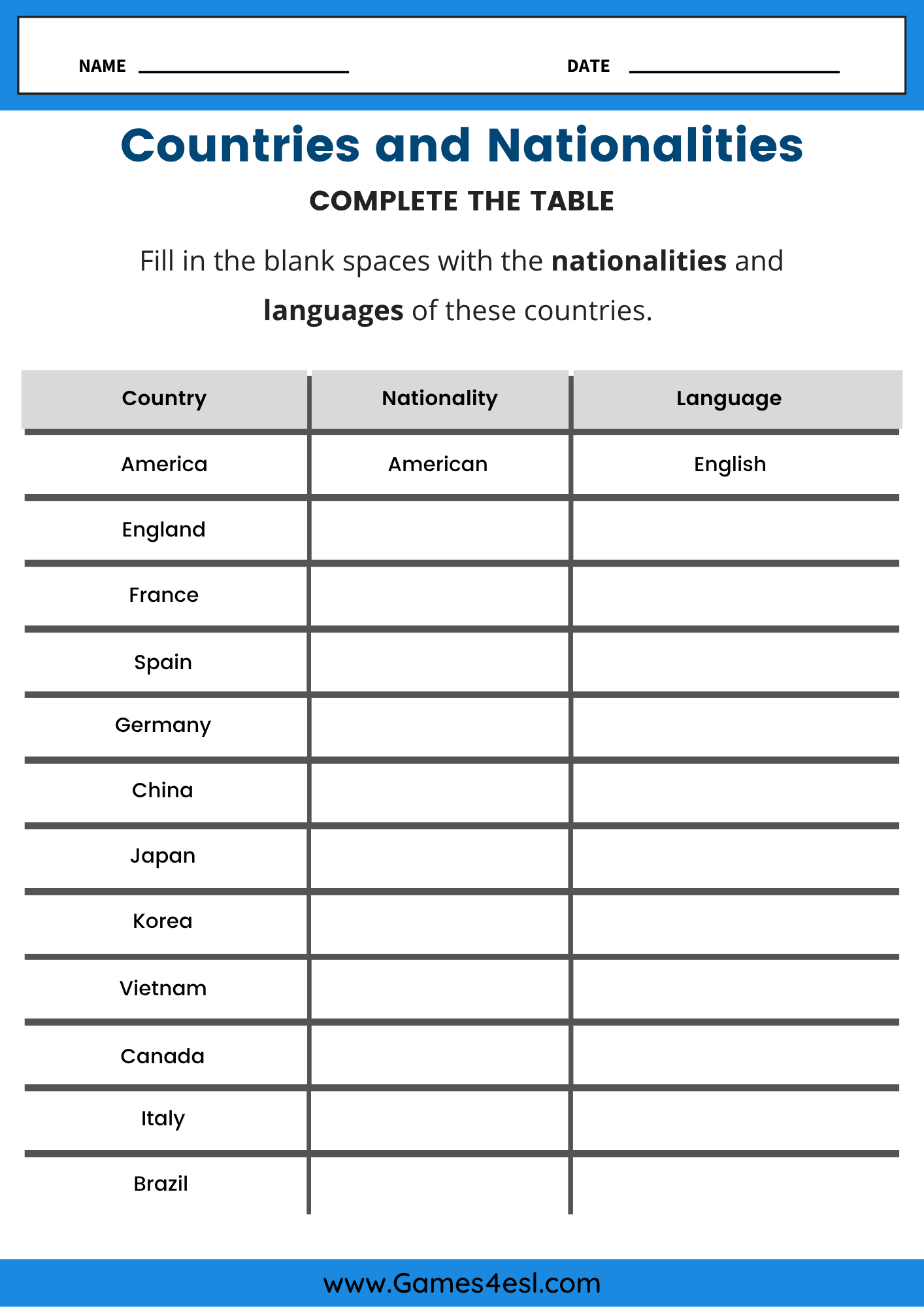 Printable ESL worksheet where students write the nationality and language for each country name.