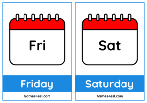 Example of days of the week flashcards showing Friday and Saturday.