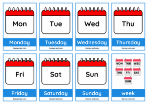 Printable days of the week flashcards with all seven days.
