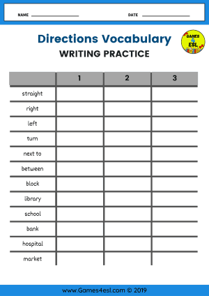 Directions Vocabulary Worksheet