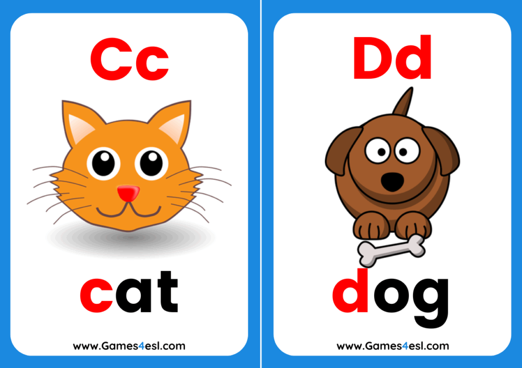 An example of phonics A to Z flashcards, showing letters C and D with the words cat and dog.