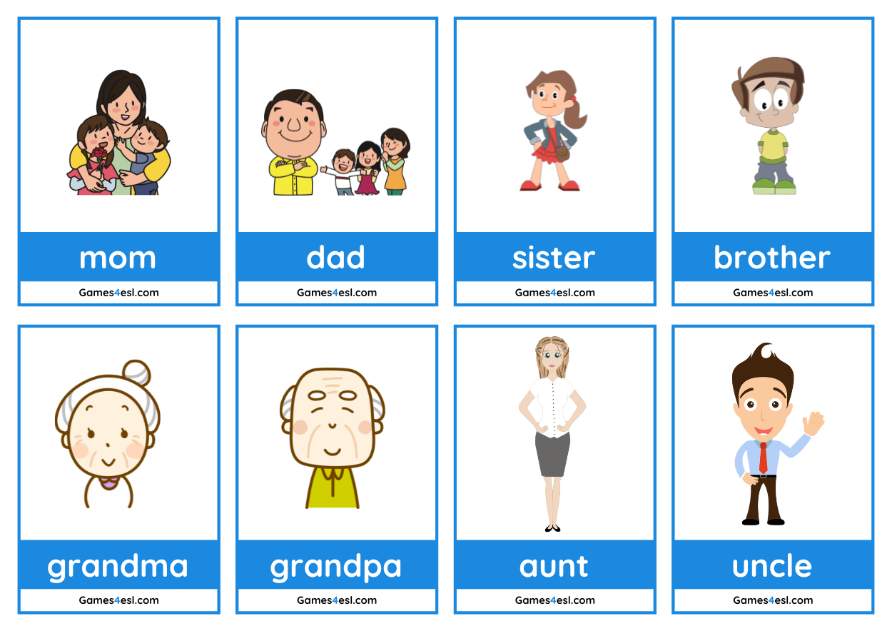 A printable set of family member flashcards, including mom, dad, sister, brother, grandma, grandpa, aunt, and uncle.