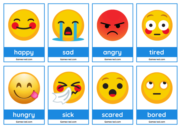 Printable feelings flashcards for kids – set of 8 emotions cards