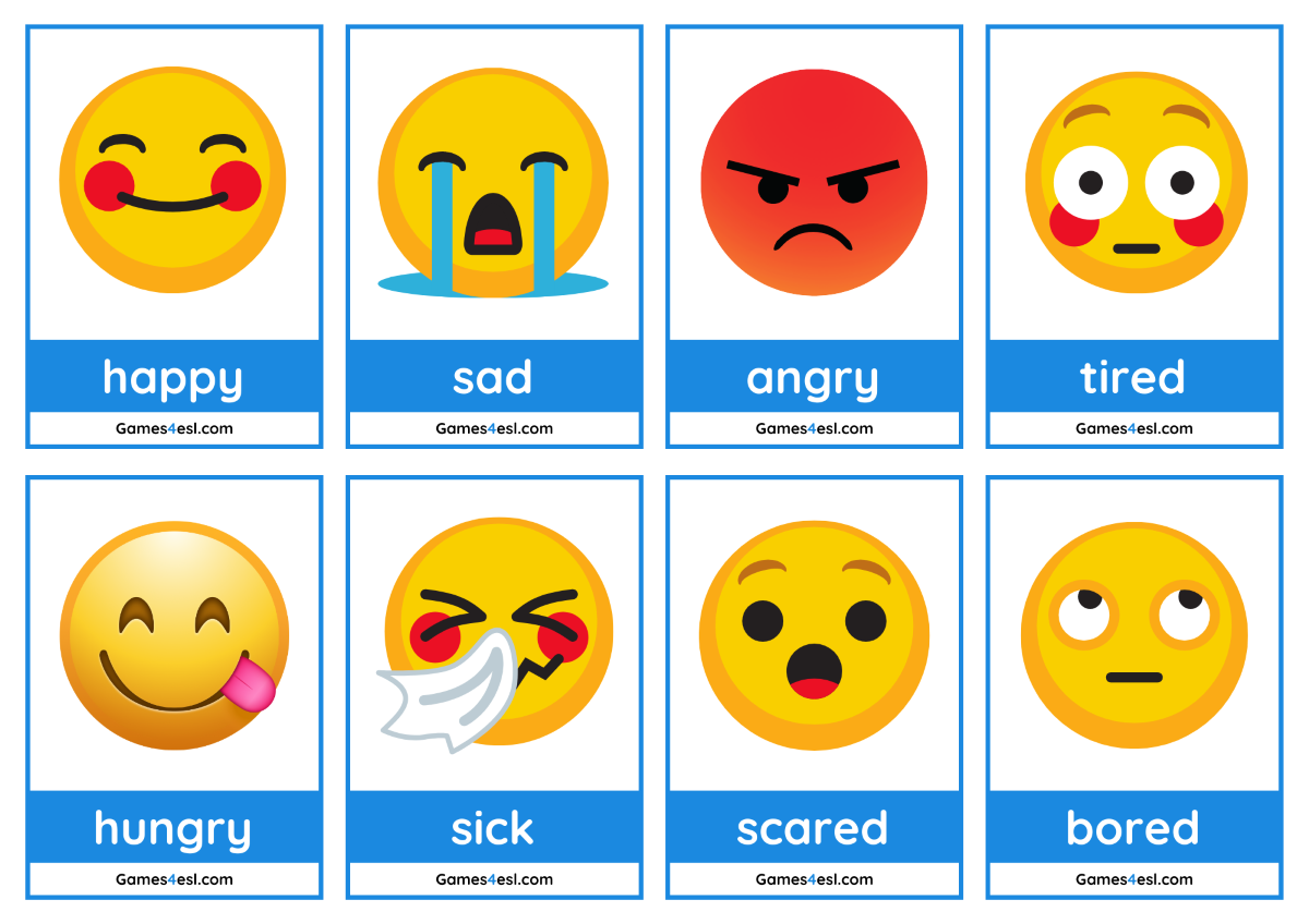 Printable feelings flashcards for kids – set of 8 emotions cards