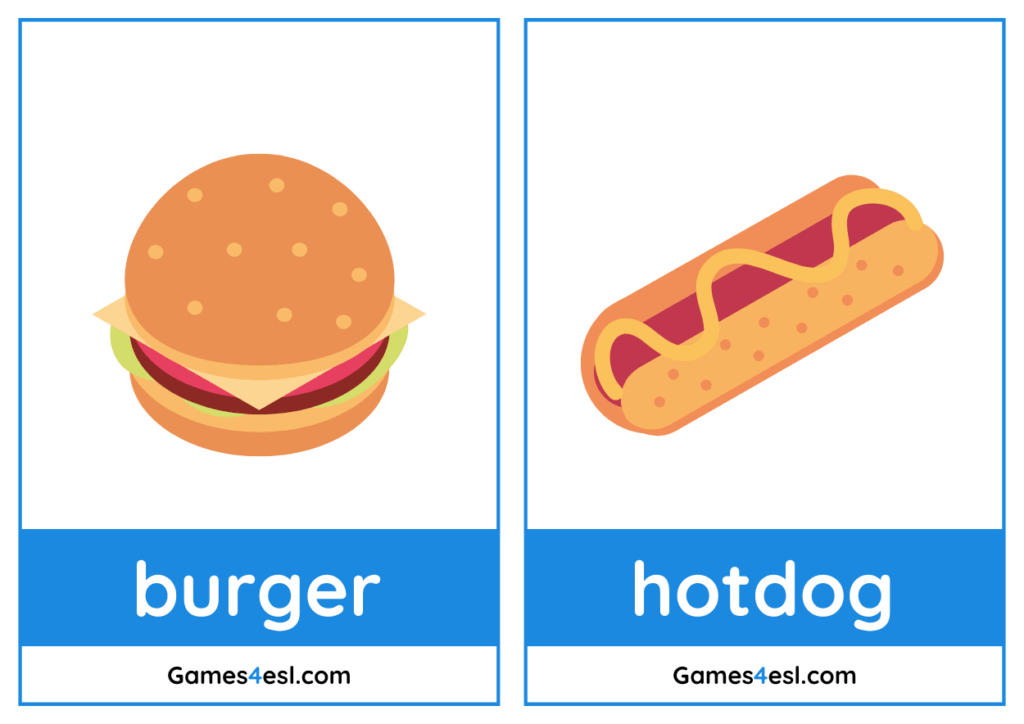Preview of food flashcards for kids showing burger and hotdog cards.