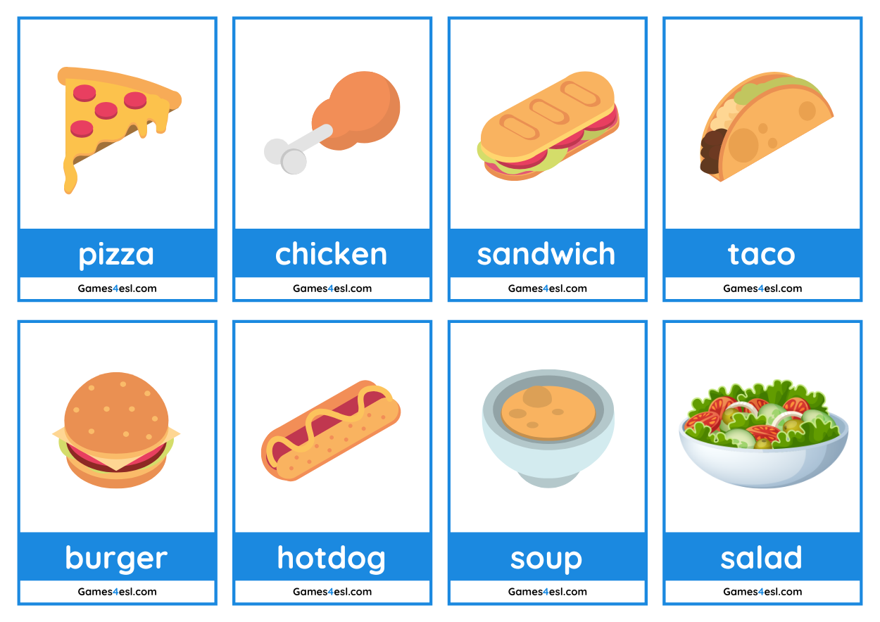 A printable set of food flashcards for beginner ESL Kids.