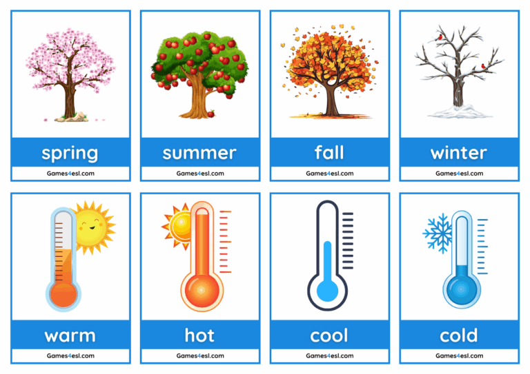 A set of 8 printable seasons flashcards with words spring, summer, fall, winter, warm, hot, cool, and cold.