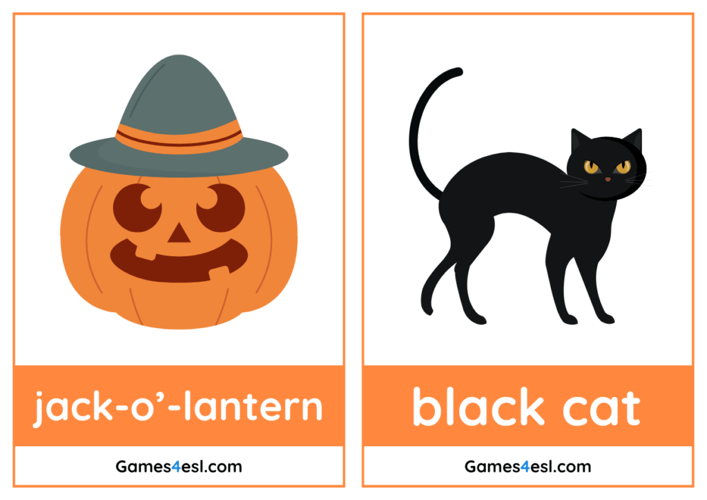 Preview of Halloween flashcards for kids showing jack-o'-lantern and black cat.