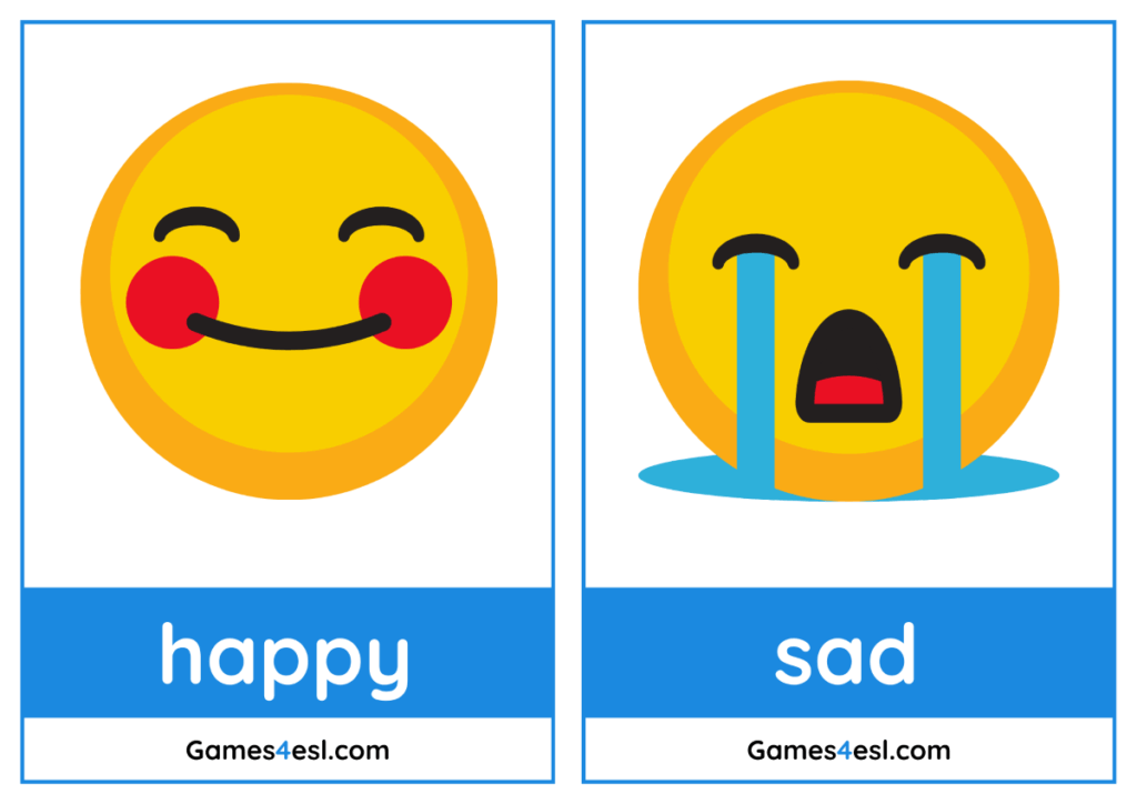 Example feelings flashcards for kids showing happy and sad emotions